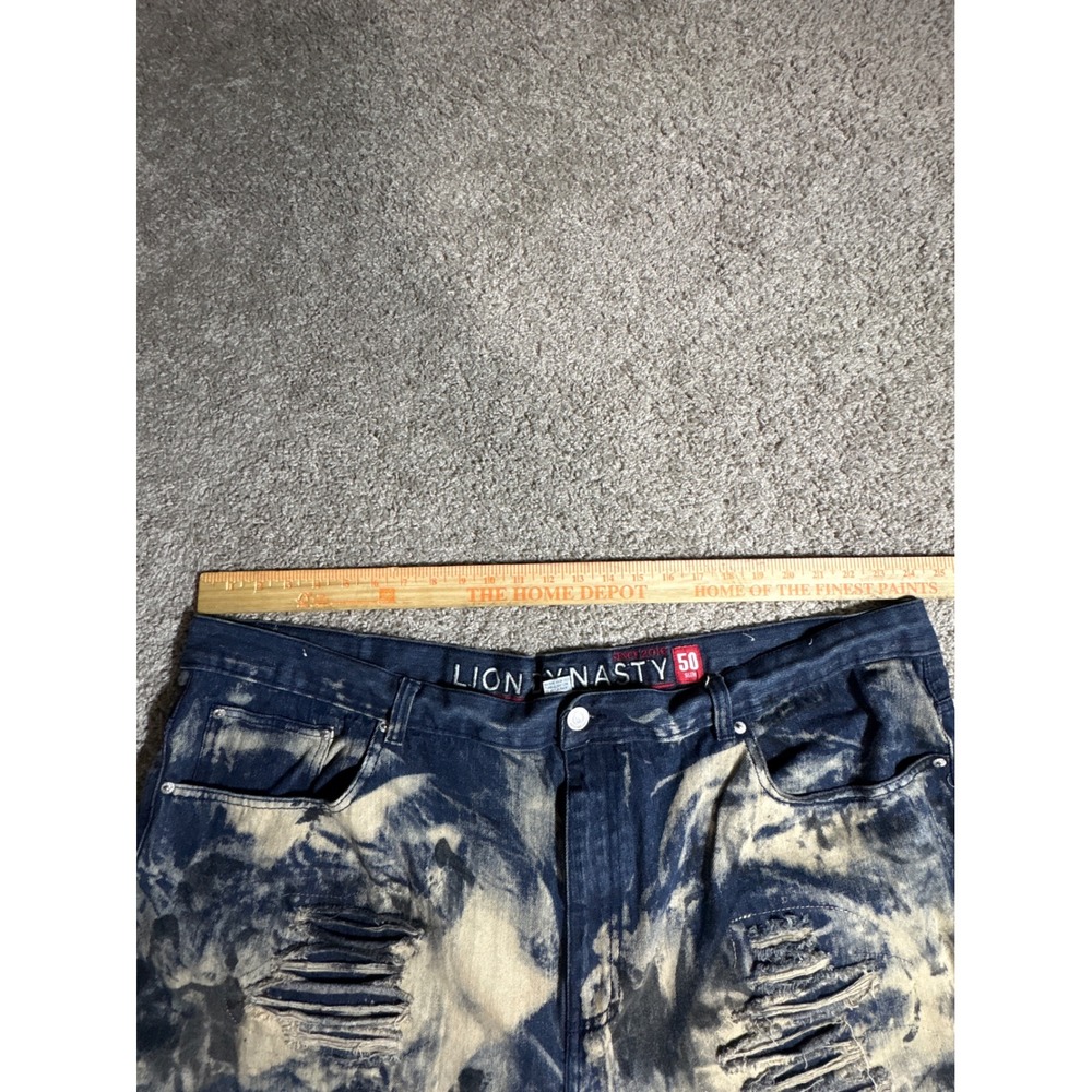LION DYNASTY Mens Size 50 slim Acid Wash Denim Shorts Shredded Blue Streetwear - Picture 7 of 8